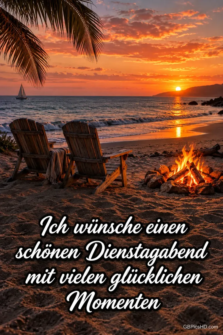 Zwei Holzliegestühle und ein knisterndes Lagerfeuer am Sandstrand bei Sonnenuntergang mit Segelboot, dazu "Ich wünsche einen schönen Dienstagabend mit vielen glücklichen Momenten".