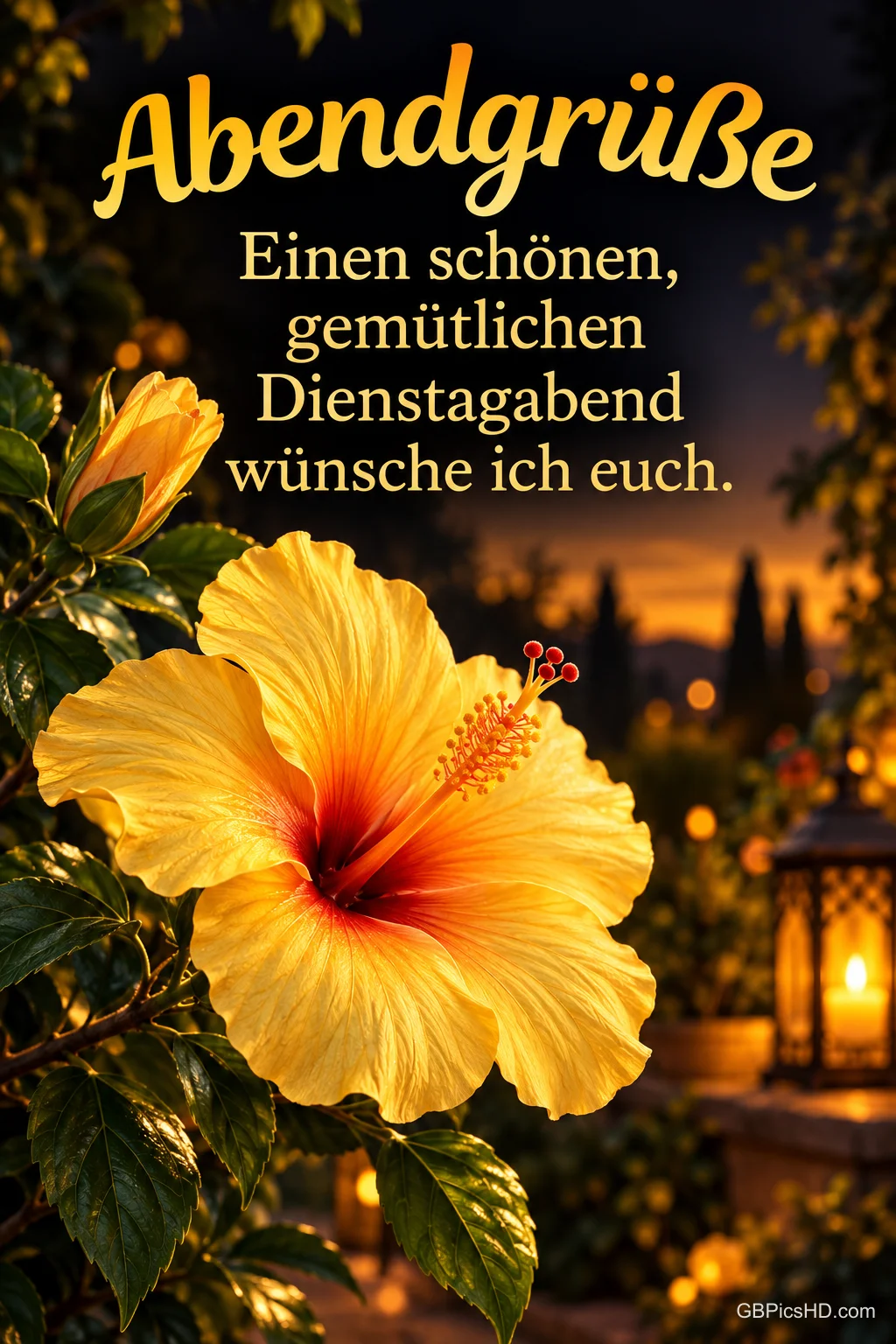 Eine große gelbe Hibiskusblüte im abendlichen Garten mit Laterne und Lichtern, darüber "Abendgrüße" und "Einen schönen, gemütlichen Dienstagabend wünsche ich euch."