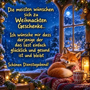 Ein Fuchs schläft zusammengerollt auf einer Strickdecke am Fenster, draußen ein verschneites Winterdorf bei Nacht, Kerzen und Weihnachtsdeko, dazu ein Wunsch für Glück und Gesundheit