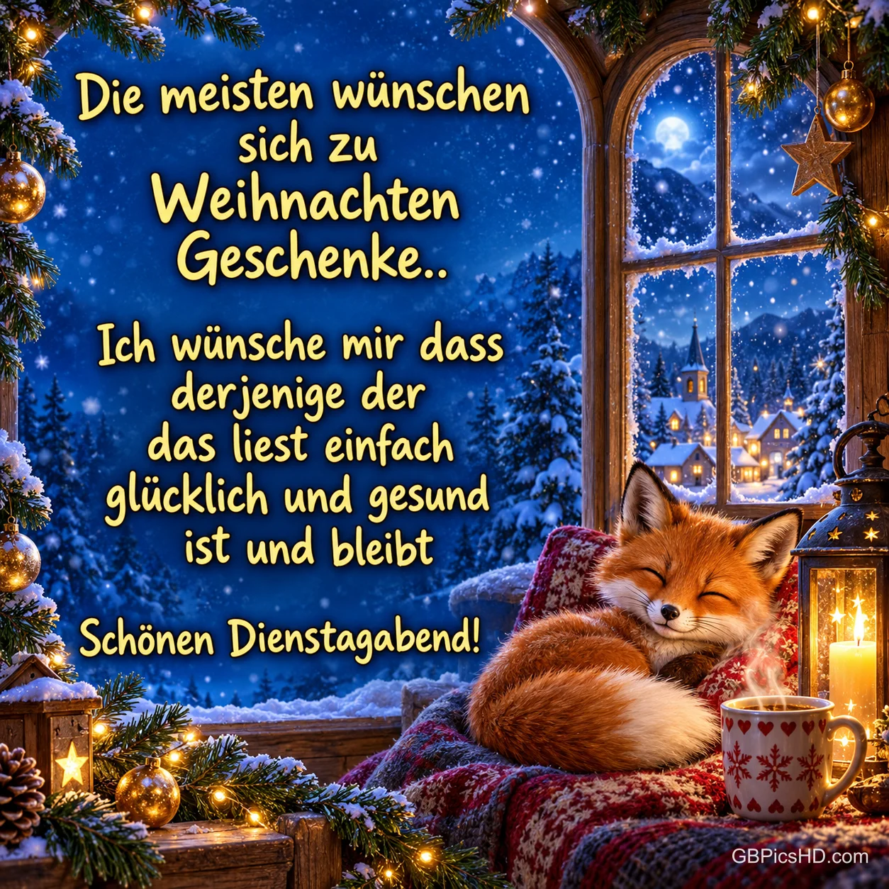 Ein Fuchs schläft zusammengerollt auf einer Strickdecke am Fenster, draußen ein verschneites Winterdorf bei Nacht, Kerzen und Weihnachtsdeko, dazu ein Wunsch für Glück und Gesundheit