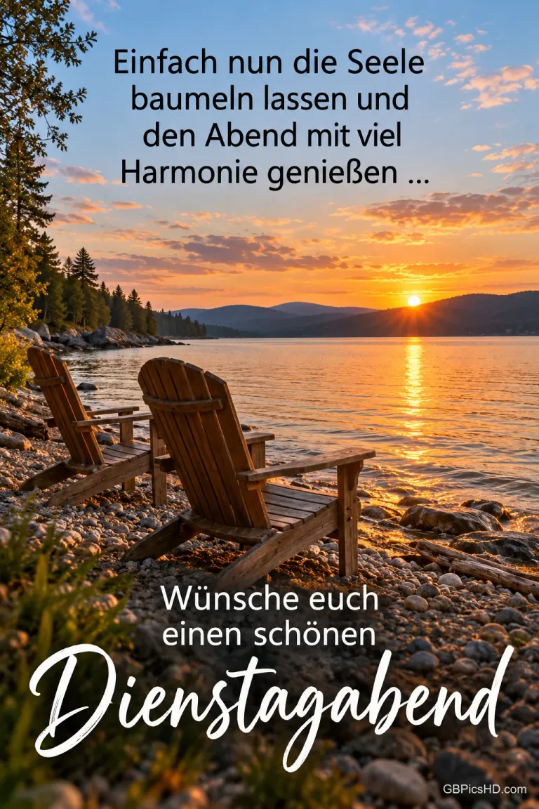 Zwei hölzerne Liegestühle stehen auf einem Kiesufer an einem ruhigen See, die Sonne geht hinter den Bergen unter, dazu ein Gruß für einen harmonischen Dienstagabend
