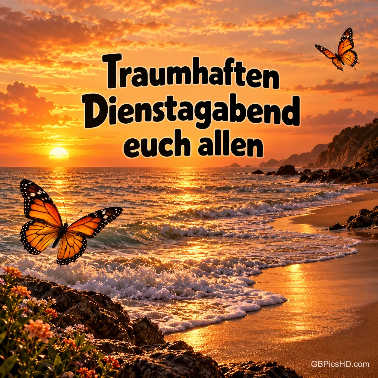 Zwei orangefarbene Schmetterlinge fliegen über einer felsigen Meeresküste, Wellen brechen am Strand im leuchtenden Sonnenuntergang, oben ein Gruß für einen traumhaften Dienstagabend