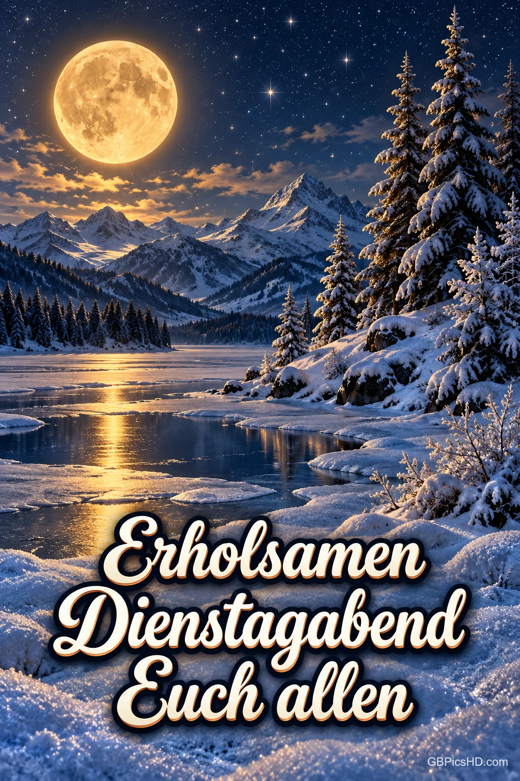 Verschneite Winterlandschaft bei Nacht mit großem Vollmond über Bergen, verschneiten Tannen und einem glitzernden Fluss, unten ein Gruß für einen erholsamen Dienstagabend