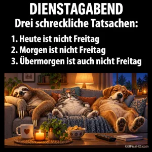 Ein Faultier, eine Katze und ein Hund liegen erschöpft auf dem Sofa unter dem Spruch "Dienstagabend – Drei schreckliche Tatsachen: Heute ist nicht Freitag, morgen ist nicht Freitag, übermorgen ist auch nicht Freitag".