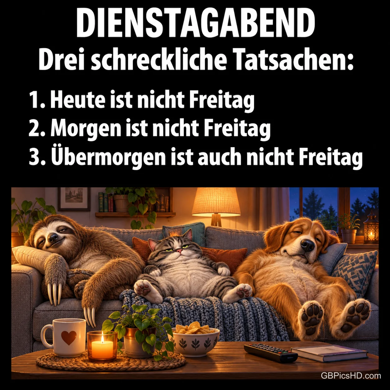 Ein Faultier, eine Katze und ein Hund liegen erschöpft auf dem Sofa unter dem Spruch "Dienstagabend – Drei schreckliche Tatsachen: Heute ist nicht Freitag, morgen ist nicht Freitag, übermorgen ist auch nicht Freitag".