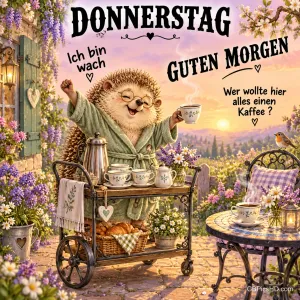 Ein Igel im Bademantel hebt eine Kaffeetasse neben einem Frühstückswagen im Blumengarten; darüber steht "Guten Morgen".