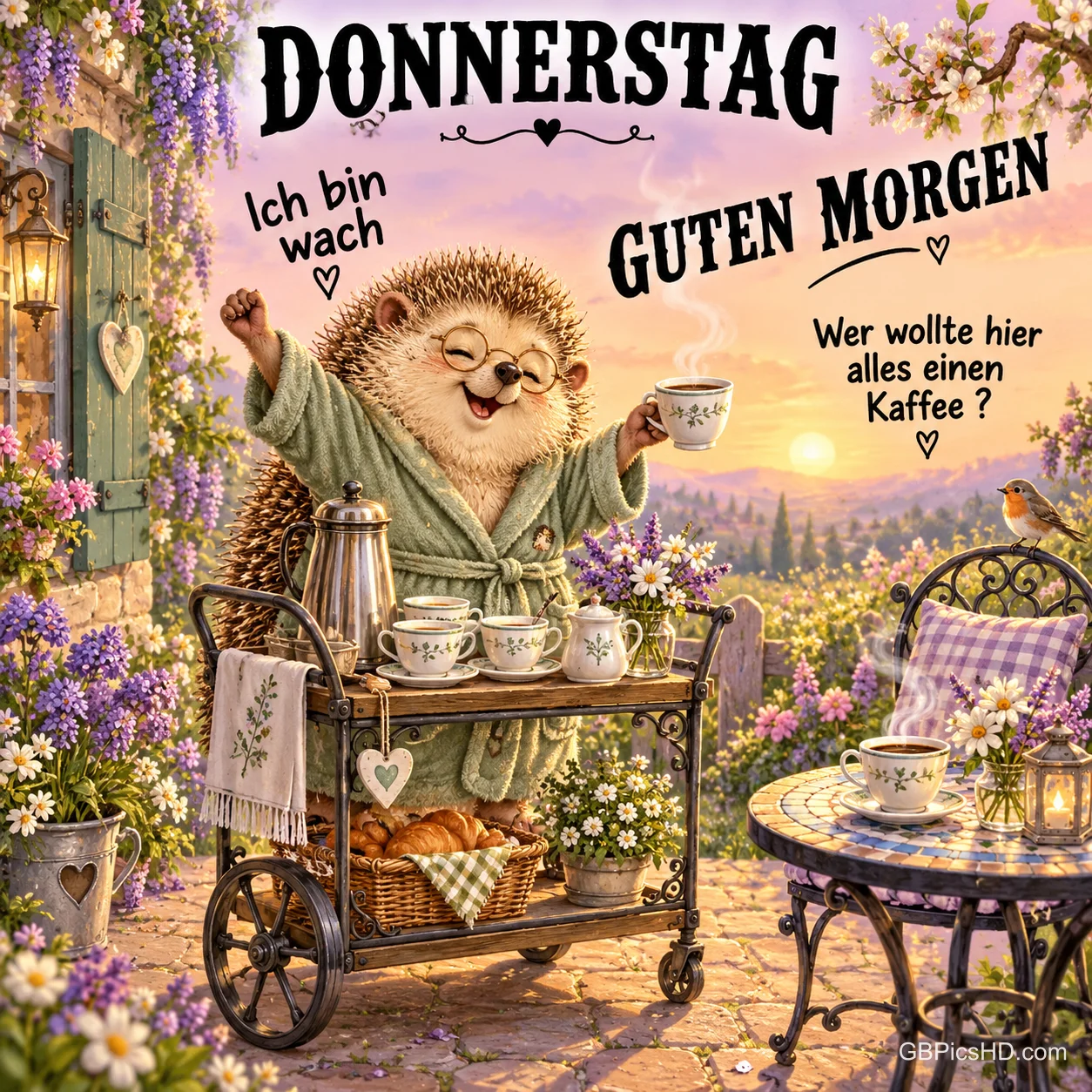Ein Igel im Bademantel hebt eine Kaffeetasse neben einem Frühstückswagen im Blumengarten; darüber steht "Guten Morgen".