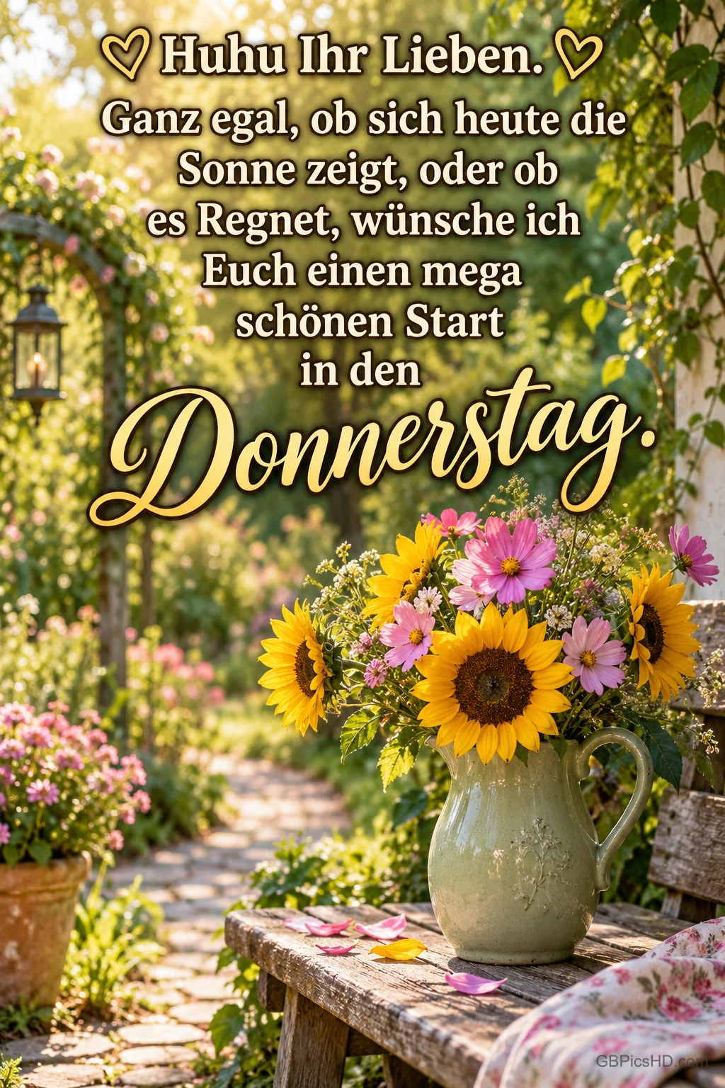 Ein Krug mit Sonnenblumen und bunten Blüten steht auf einer Gartenbank unter dem Gruß "Huhu Ihr Lieben.".