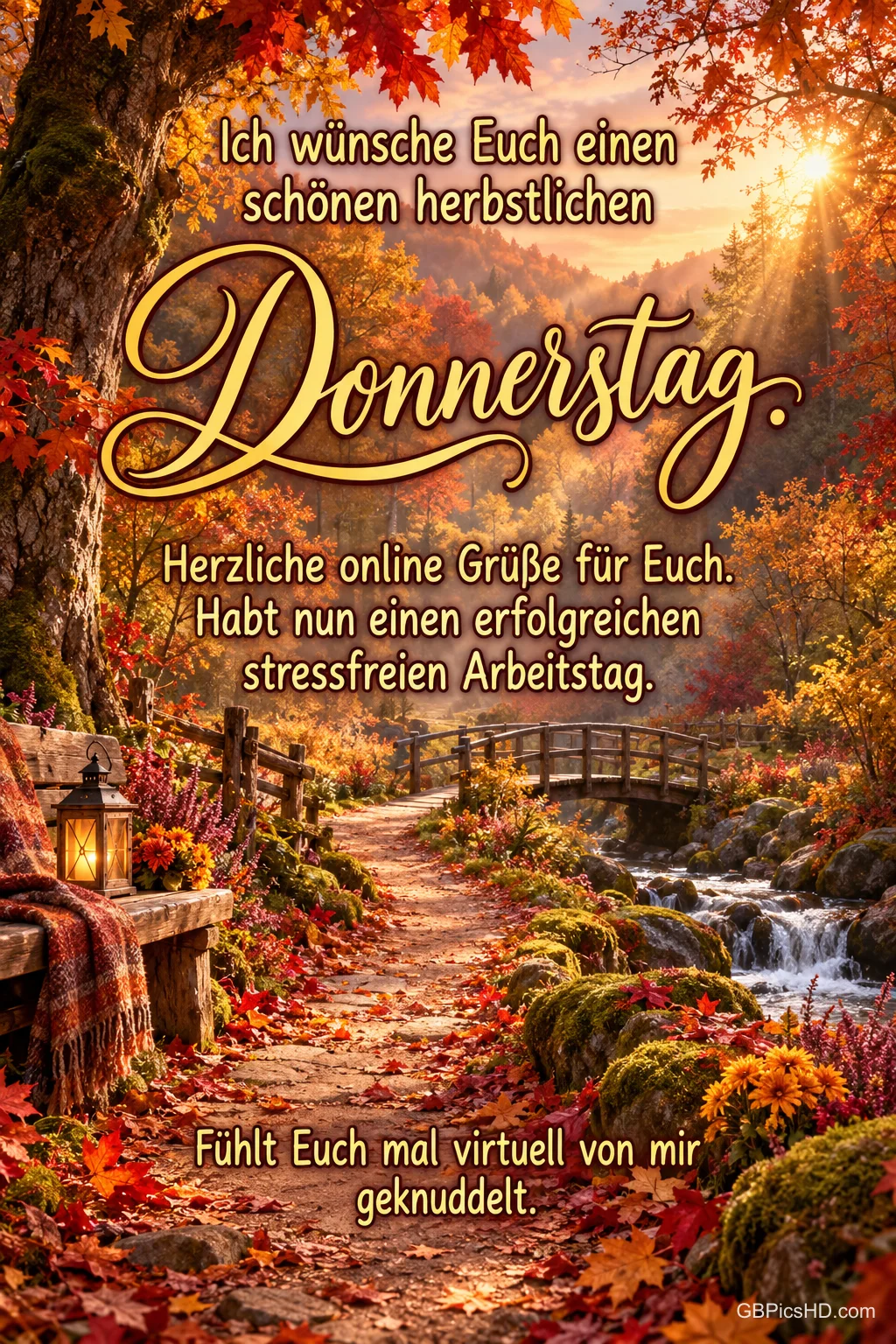 Ein Herbstwald mit Bach, Holzbrücke und einer Laterne auf einer Bank trägt den Gruß "Fühlt Euch mal virtuell von mir geknuddelt.".