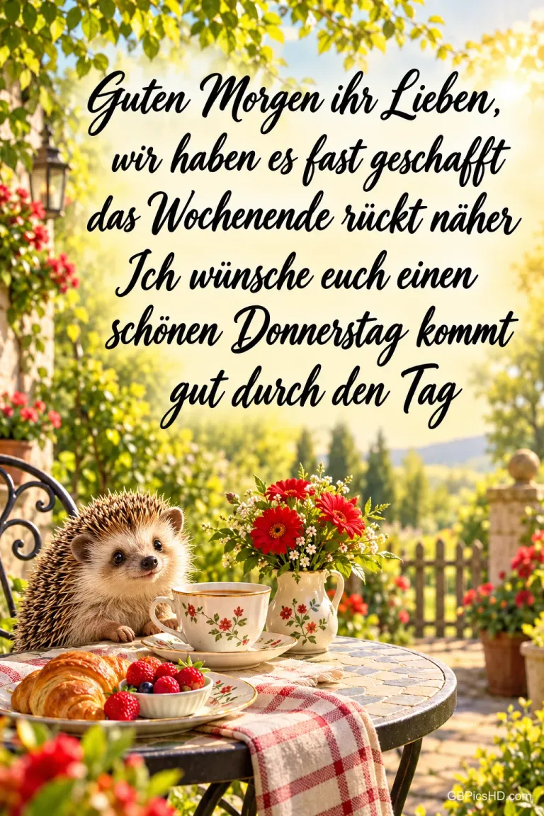 Ein kleiner Igel sitzt am Gartentisch mit Kaffee, Croissants, Beeren und Blumen unter dem Gruß "Guten Morgen ihr Lieben,".