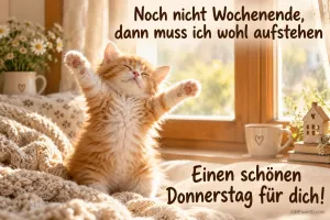 Ein orangefarbenes Kätzchen streckt auf einer Decke vor dem sonnigen Fenster die Pfoten; dazu steht "Einen schönen Donnerstag für dich!".