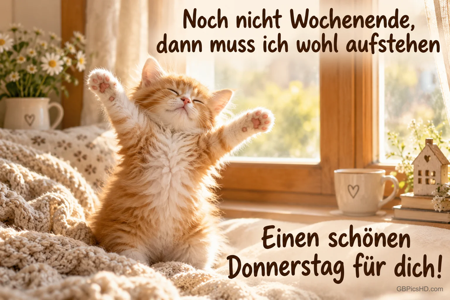 Ein orangefarbenes Kätzchen streckt auf einer Decke vor dem sonnigen Fenster die Pfoten; dazu steht "Einen schönen Donnerstag für dich!".