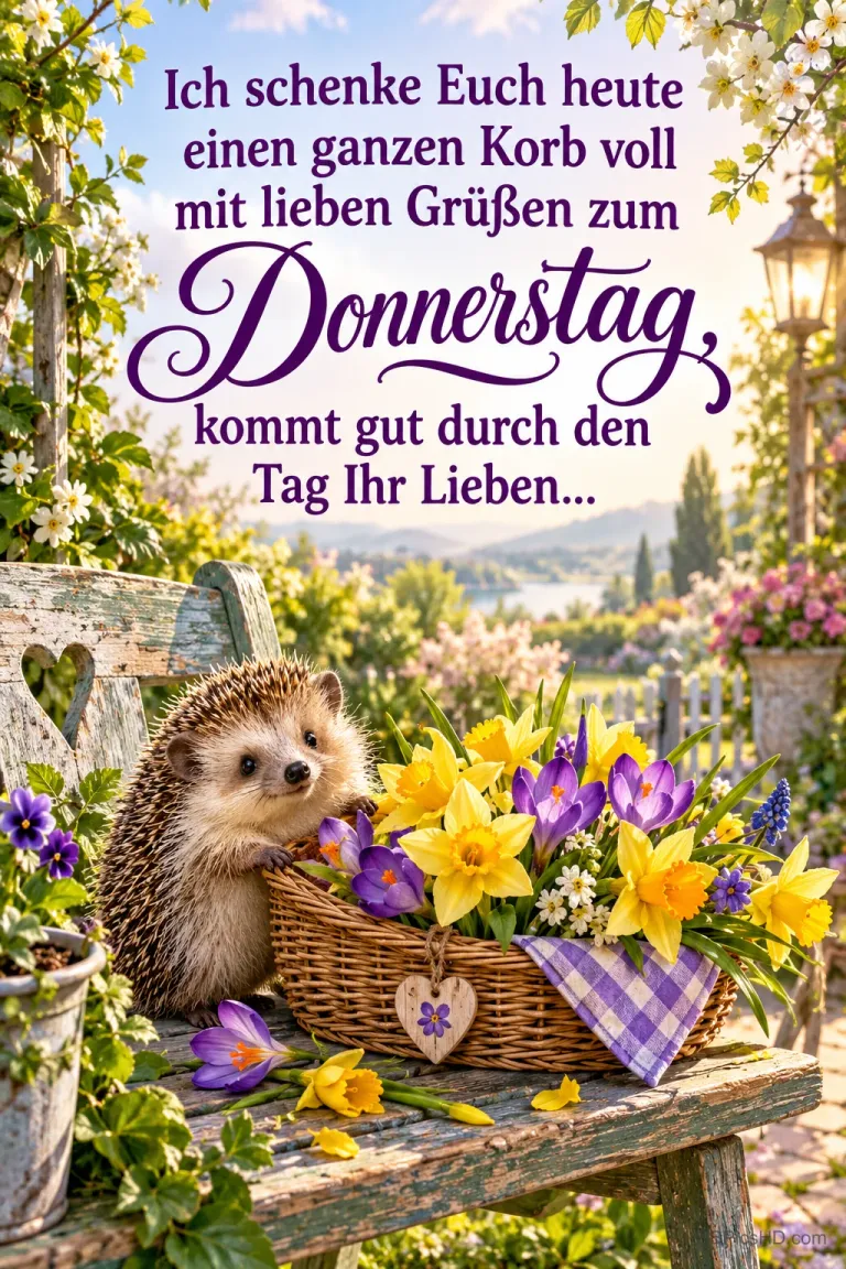 Ein Igel sitzt auf einer Gartenbank neben einem Korb mit gelben und violetten Blumen; darüber steht "Donnerstag,".