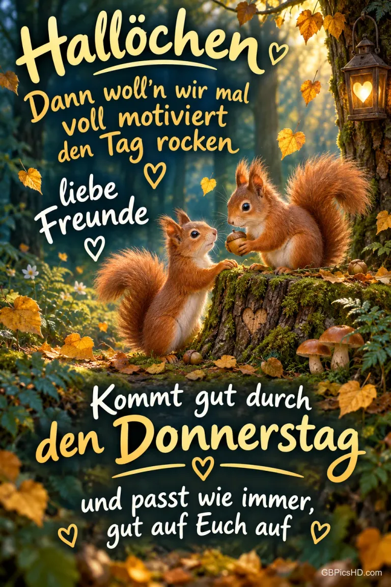 Zwei Eichhörnchen mit einer Nuss sitzen bei einer Laterne auf einem moosigen Baumstumpf; dazu steht "Kommt gut durch den Donnerstag".
