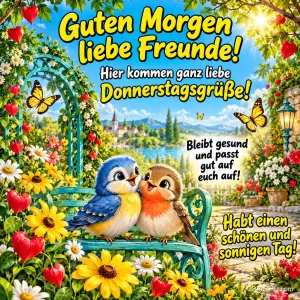 Zwei Vögel sitzen auf einer grünen Gartenbank zwischen Blumen und Schmetterlingen mit "Guten Morgen liebe Freunde!".
