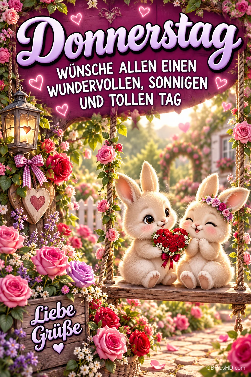 Zwei Kaninchen mit einem roten Blumenstrauß sitzen auf einer rosengeschmückten Schaukel unter "Donnerstag".