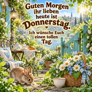 Ein Kaninchen schnuppert an einer Blume neben einem Blumenkorb und einer Tasse im Garten mit "Guten Morgen ihr Lieben".