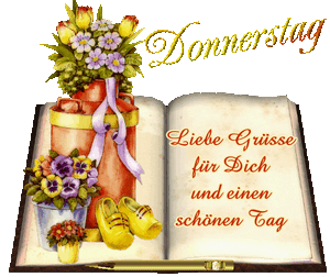 Ein offenes Buch mit "Liebe Grüße für dich und einen schönen Tag", Blumen, gelben Schuhen und einem Stift.