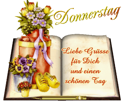 Ein offenes Buch mit "Liebe Grüße für dich und einen schönen Tag", Blumen, gelben Schuhen und einem Stift.
