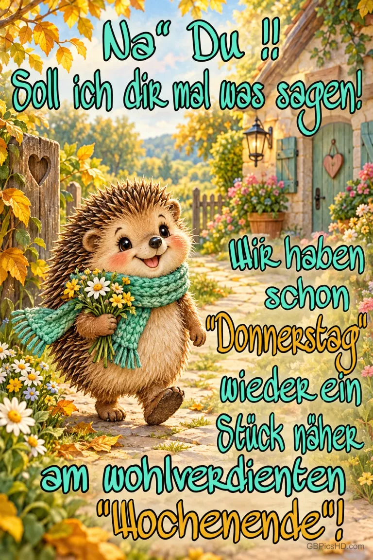Ein lächelnder Igel mit grünem Schal und Blumen steht auf einem herbstlichen Gartenweg mit "Wir haben schon "Donnerstag"".