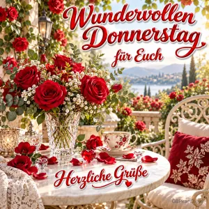 Rote Rosen in einer Glasvase und eine geblümte Tasse stehen auf einer Terrasse mit "Wundervollen Donnerstag für euch".