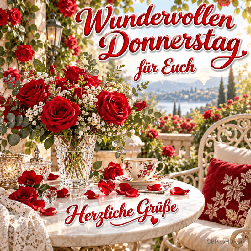 Rote Rosen in einer Glasvase und eine geblümte Tasse stehen auf einer Terrasse mit "Wundervollen Donnerstag für euch".