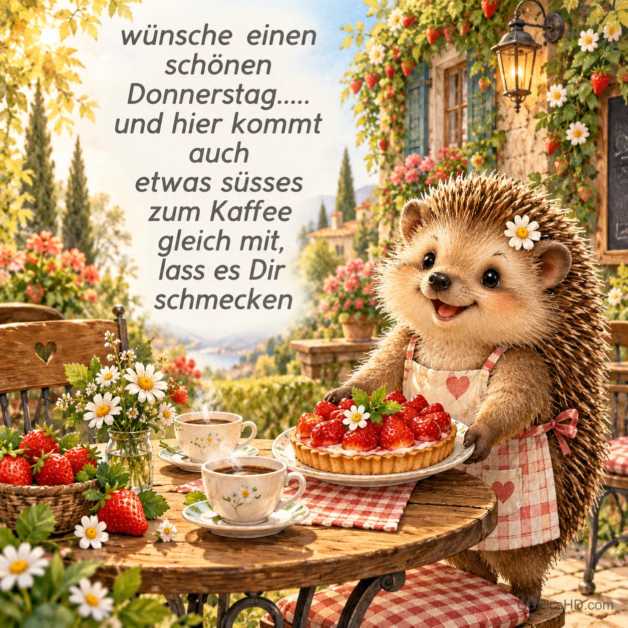 Ein Igel mit karierter Schürze hält einen Erdbeerkuchen am Gartentisch mit Kaffeetassen und "Wünsche einen schönen Donnerstag".