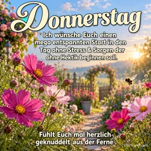 Rosa Blumen und eine fliegende Biene säumen einen Gartenweg im Sonnenlicht mit "Donnerstag".