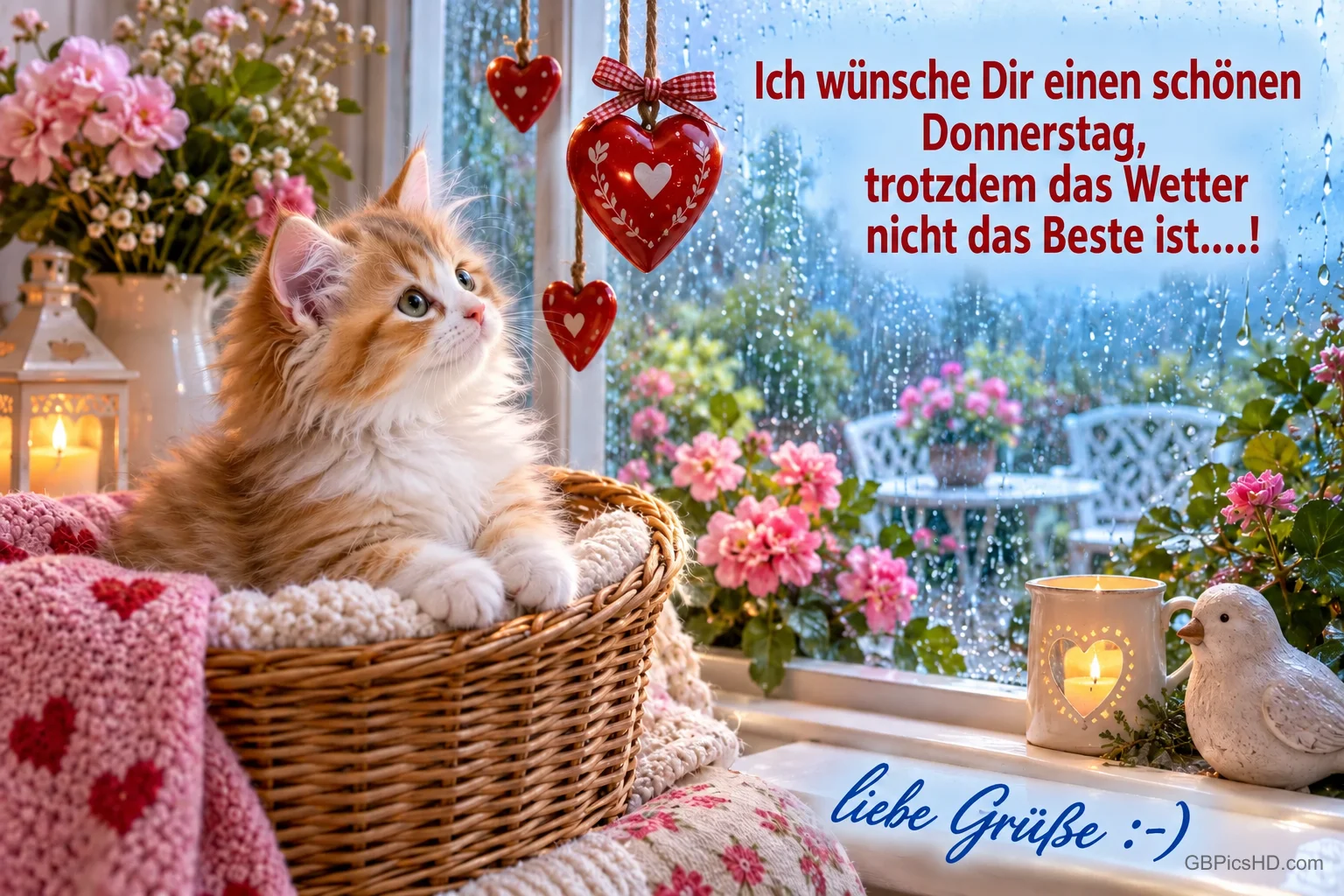 Eine Katze sitzt im Korb am verregneten Fenster mit Blumen, Herzen und dem Wunsch "einen schönen Donnerstag".