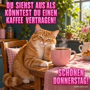 Eine orange Katze stützt den Kopf auf eine Pfote neben einer dampfenden rosa Tasse mit dem Gruß "Schönen Donnerstag!".