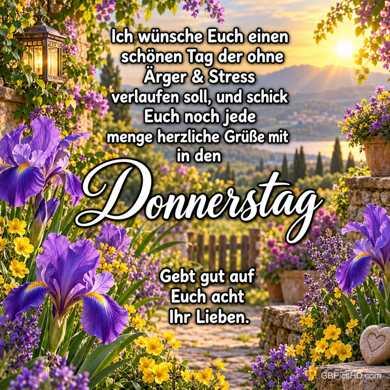 Lila Schwertlilien und gelbe Blumen säumen einen Gartenweg mit Blick auf See und Berge; darüber steht "Donnerstag".