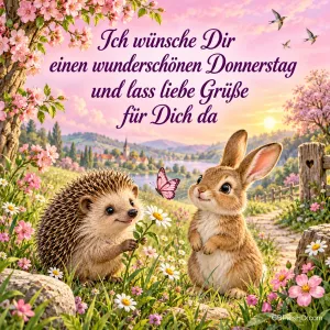 Igel und Hase sitzen zwischen Blumen neben einem rosa Schmetterling unter dem Wunsch "einen wunderschönen Donnerstag".