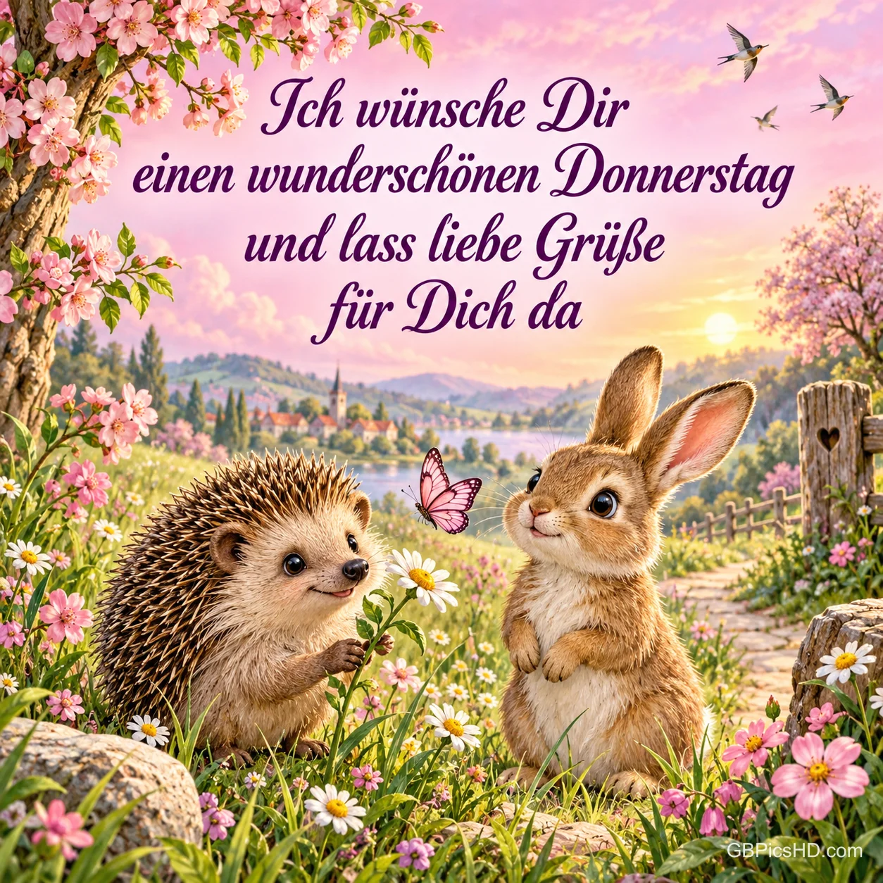 Igel und Hase sitzen zwischen Blumen neben einem rosa Schmetterling unter dem Wunsch "einen wunderschönen Donnerstag".