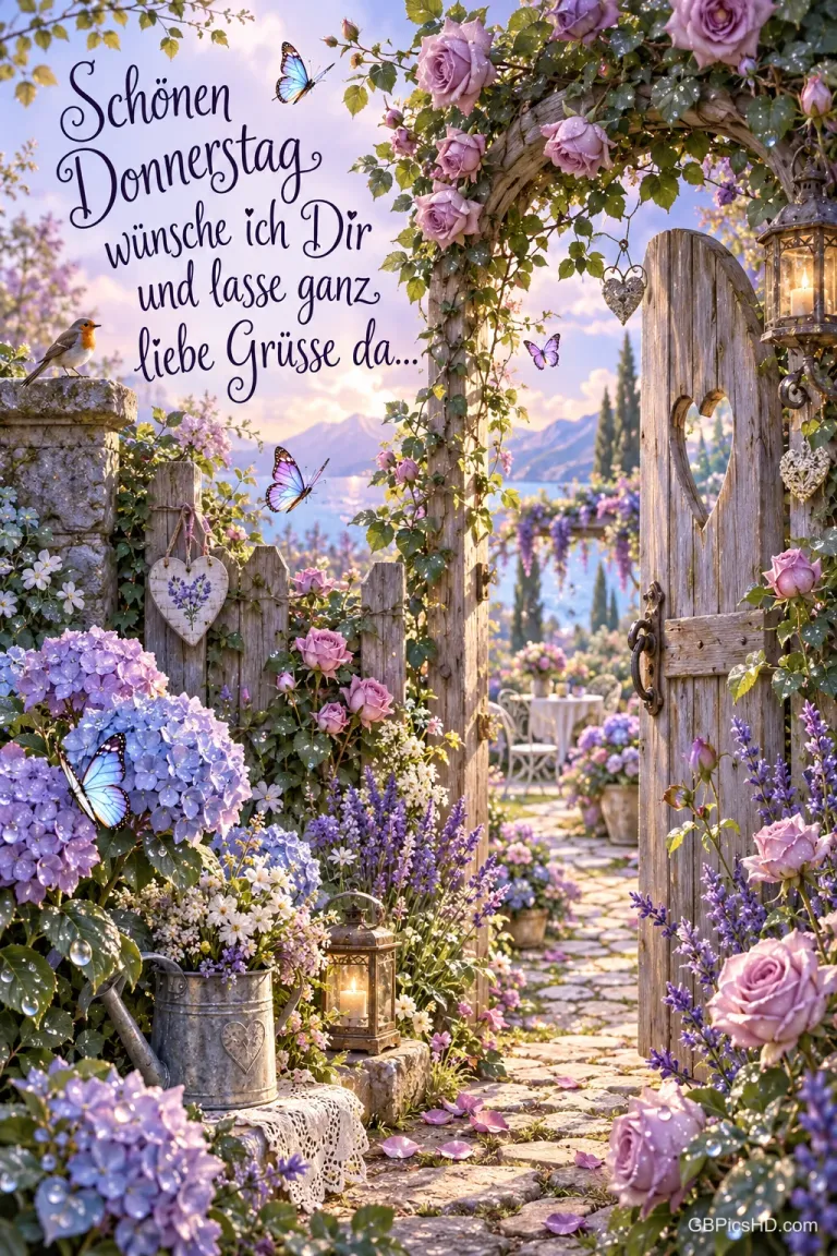 Eine offene Holztür führt durch einen Rosenbogen in einen Garten mit Hortensien und dem Gruß "Schönen Donnerstag".