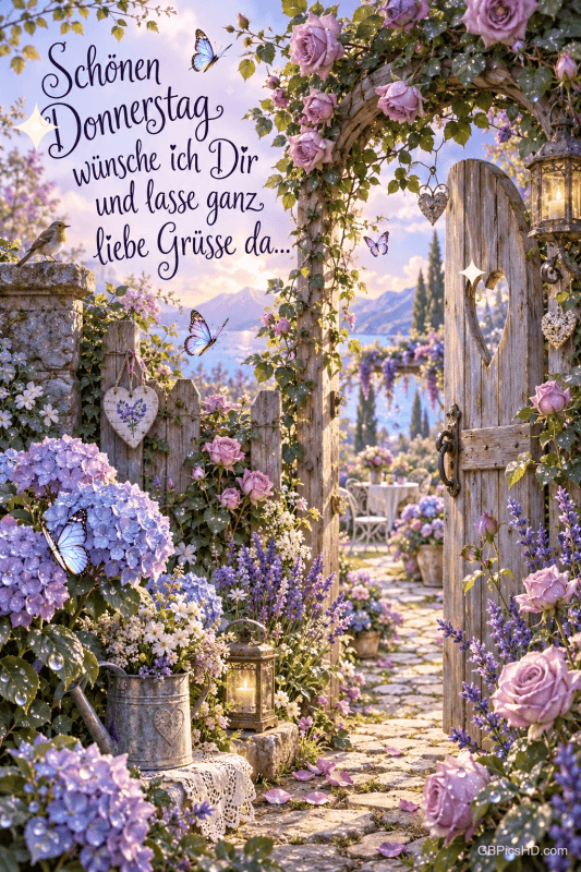 Eine offene Holztür führt durch einen Rosenbogen in einen Garten mit Hortensien und dem Gruß "Schönen Donnerstag".
