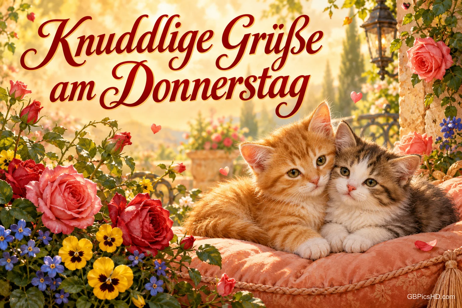 Zwei Kätzchen kuscheln auf einem rosa Kissen zwischen Rosen und Stiefmütterchen unter "Knuddlige Grüße am Donnerstag".