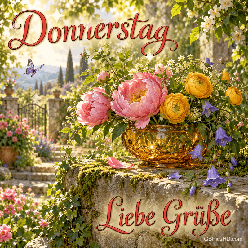 Bunte Blüten, grüne Blätter und ein violetter Schmetterling stehen vor olivfarbenem Hintergrund mit "Donnerstag" und "Liebe Grüße".