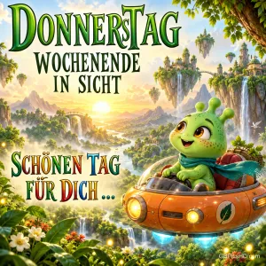 Ein grünes Wesen fliegt im orangefarbenen Fahrzeug durch eine Fantasiewelt: "Donnerstag Wochenende in Sicht Schönen Tag für Dich ...".
