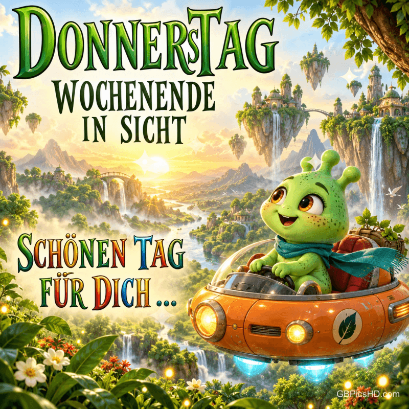 Ein grünes Wesen fliegt im orangefarbenen Fahrzeug durch eine Fantasiewelt: "Donnerstag Wochenende in Sicht Schönen Tag für Dich ...". Ein grünes Wesen fliegt im orangefarbenen Fahrzeug durch eine Fantasiewelt: "Donnerstag Wochenende in Sicht Schönen Tag für Dich ...".