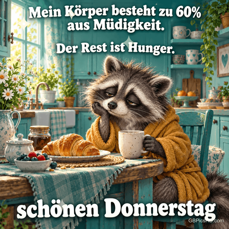 Ein müder Waschbär im Bademantel sitzt mit einer Tasse vor Croissants am Küchentisch: "Schönen Donnerstag". Ein müder Waschbär im Bademantel sitzt mit einer Tasse vor Croissants am Küchentisch: "Schönen Donnerstag".