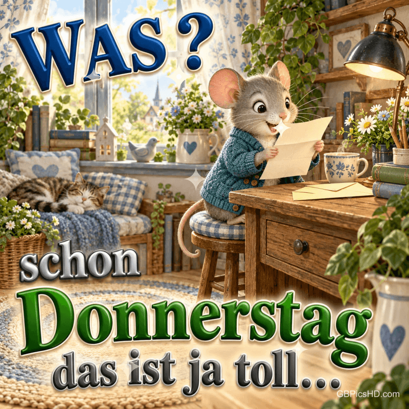 Eine Maus liest einen Brief am Schreibtisch, eine Katze schläft daneben: "Was? Schon Donnerstag das ist ja toll...". Eine Maus liest einen Brief am Schreibtisch, eine Katze schläft daneben: "Was? Schon Donnerstag das ist ja toll...".