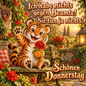 Ein winkender Tiger mit roter Blume sitzt auf einer Bank: "Ich habe nichts gegen Beamte! Sie tun ja nichts! Schönen Donnerstag".
