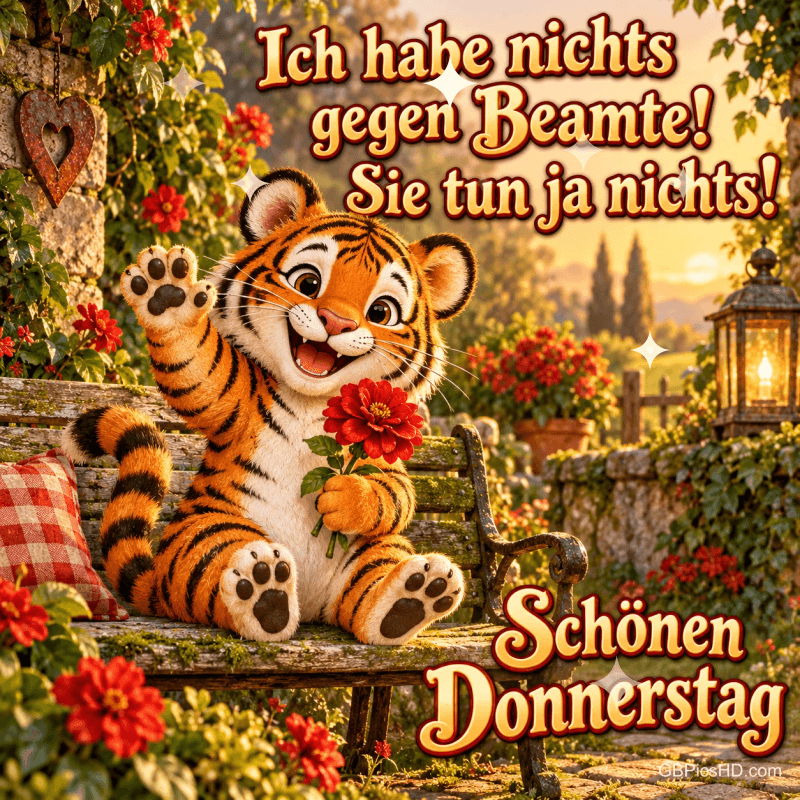 Ein winkender Tiger mit roter Blume sitzt auf einer Bank: "Ich habe nichts gegen Beamte! Sie tun ja nichts! Schönen Donnerstag". Ein winkender Tiger mit roter Blume sitzt auf einer Bank: "Ich habe nichts gegen Beamte! Sie tun ja nichts! Schönen Donnerstag".