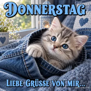Ein Kätzchen mit blauen Augen liegt in einer Jeans auf einer Decke: "Donnerstag Liebe Grüße von mir...".