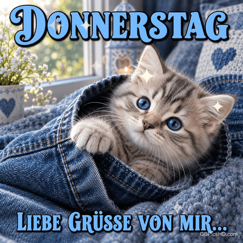 Ein Kätzchen mit blauen Augen liegt in einer Jeans auf einer Decke: "Donnerstag Liebe Grüße von mir...". Ein Kätzchen mit blauen Augen liegt in einer Jeans auf einer Decke: "Donnerstag Liebe Grüße von mir...".