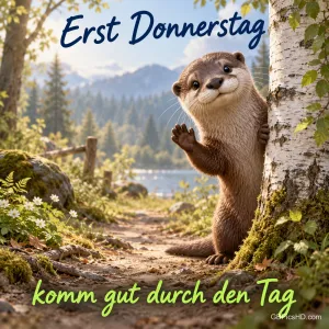 Ein Otter winkt hinter einer Birke an einem See mit Bergen im Hintergrund: "Erst Donnerstag".