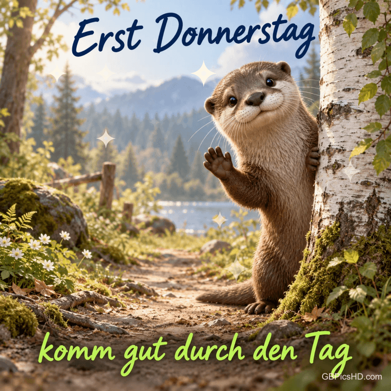 Ein Otter winkt hinter einer Birke an einem See mit Bergen im Hintergrund: "Erst Donnerstag". Ein Otter winkt hinter einer Birke an einem See mit Bergen im Hintergrund: "Erst Donnerstag".