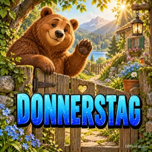 Ein Braunbär winkt hinter einem Holztor; dahinter liegen Blumen, ein See und Berge: "Donnerstag".