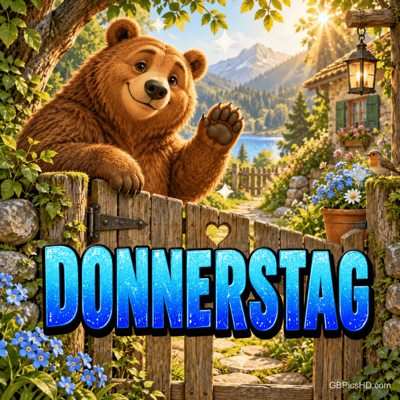 Ein Braunbär winkt hinter einem Holztor; dahinter liegen Blumen, ein See und Berge: "Donnerstag". Ein Braunbär winkt hinter einem Holztor; dahinter liegen Blumen, ein See und Berge: "Donnerstag".