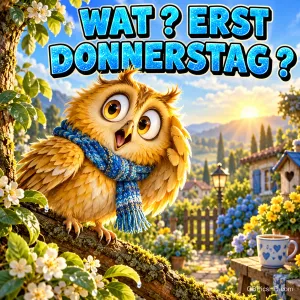 Eine überraschte Eule mit blauem Schal sitzt auf einem blühenden Ast: "WAT? ERST DONNERSTAG?".